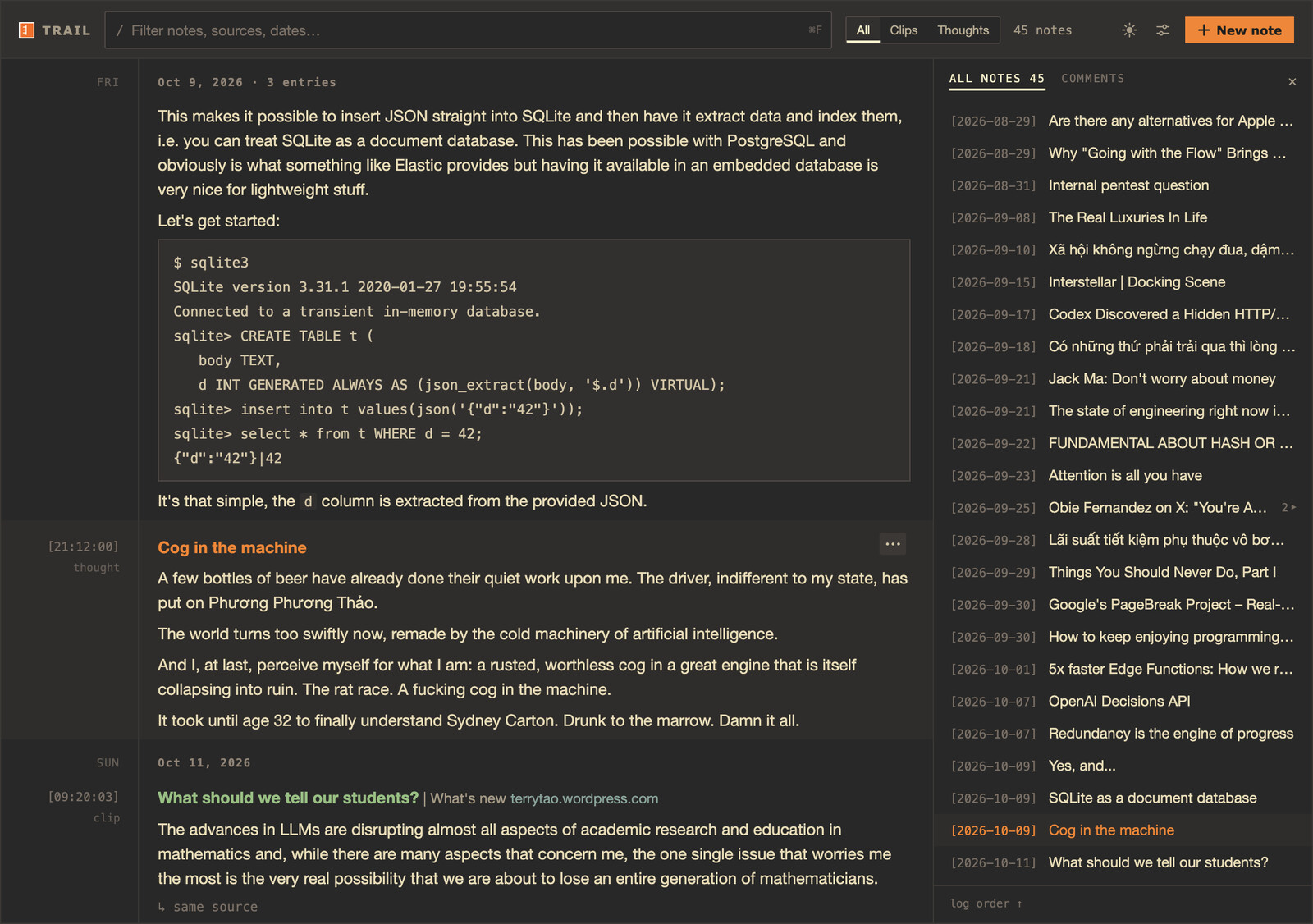 Trail in dark mode: a daily log of clipped passages and written thoughts, with an index of all notes on the right