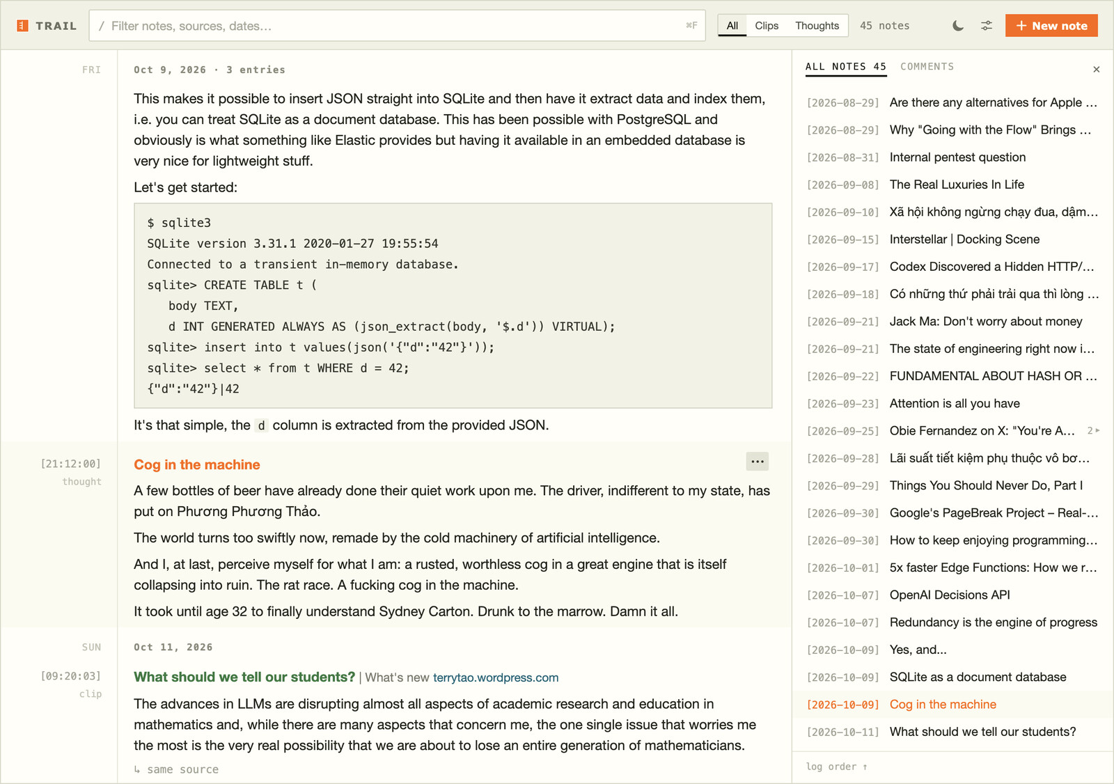 Trail: a daily log of clipped passages and written thoughts, with an index of all notes on the right